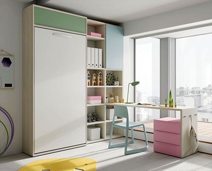 Conjunto con cama abatible, armario y librería